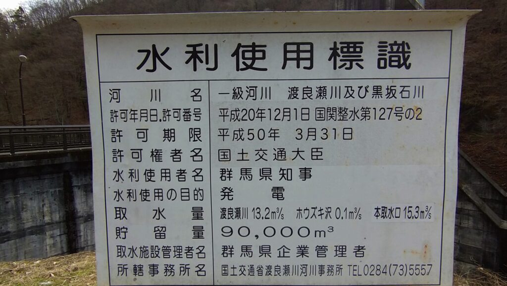 黒坂石ダムの水利使用標識