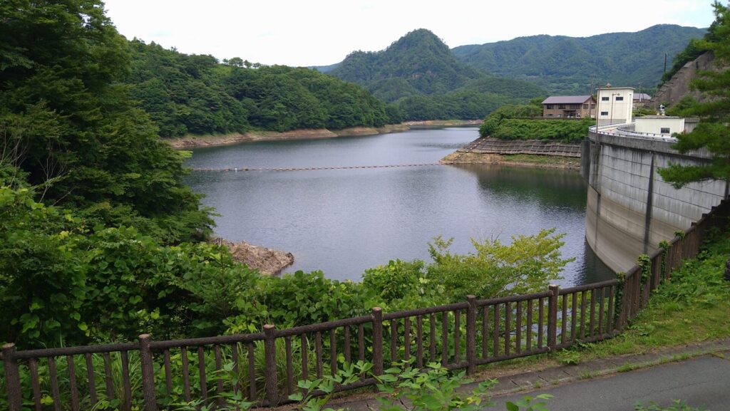 右岸から見える真野ダムとはやま湖