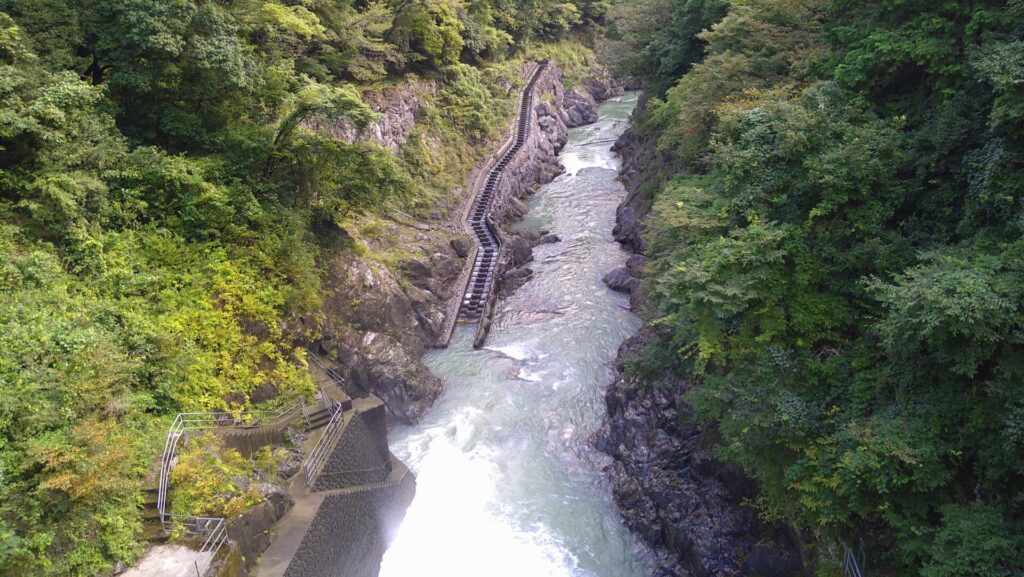 白丸調整池ダムの下流側と魚道