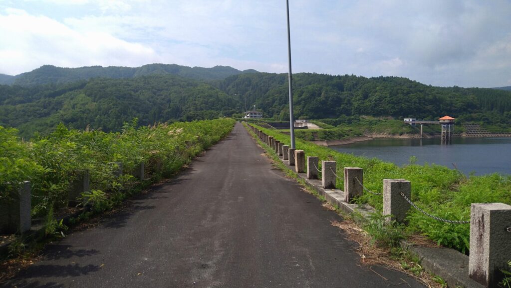 左岸から見た荒砥沢ダムの天端