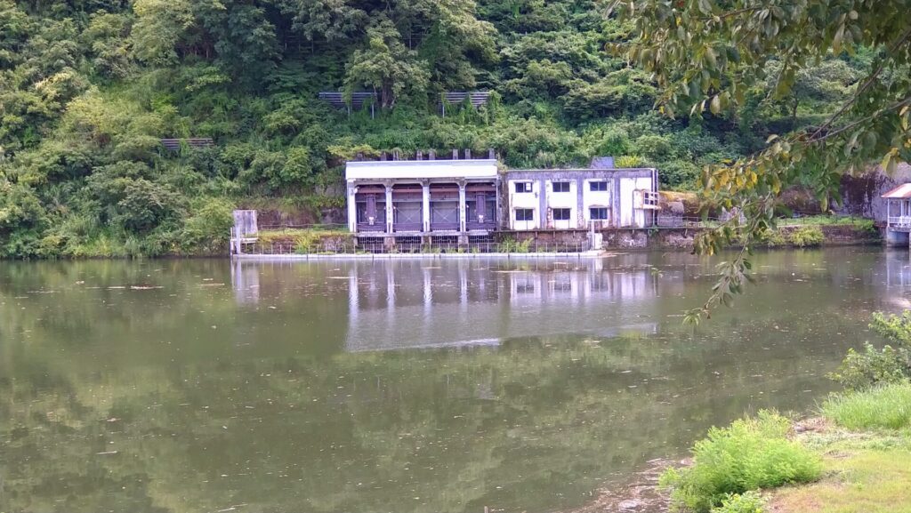 左岸に見える薮神ダムの取水口