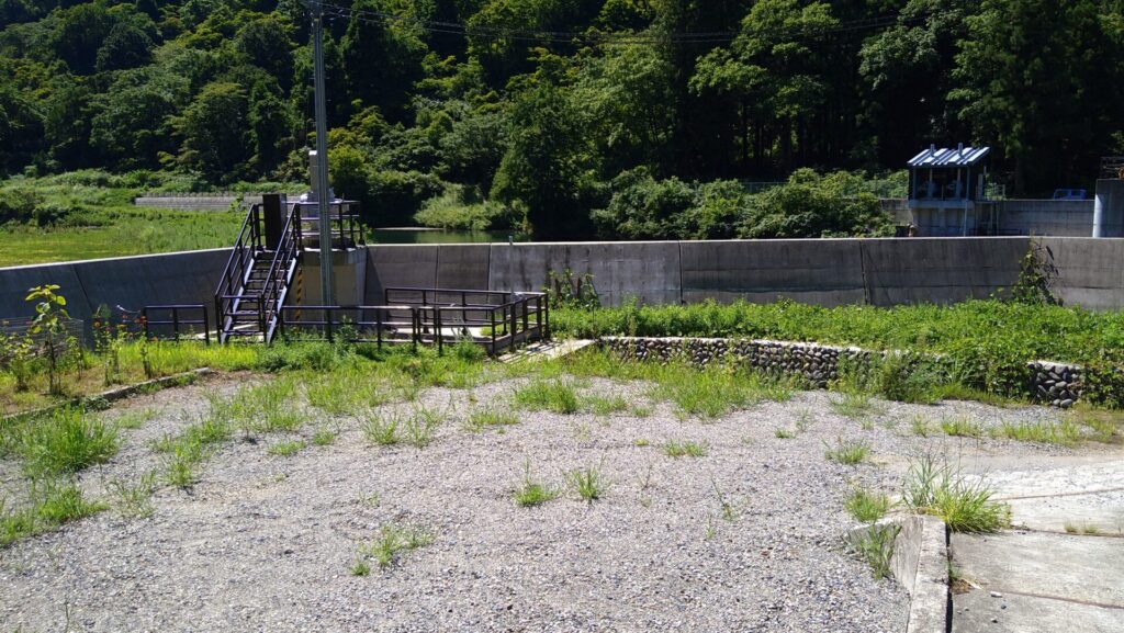 右岸にある湯之谷ダムの取水口と水路